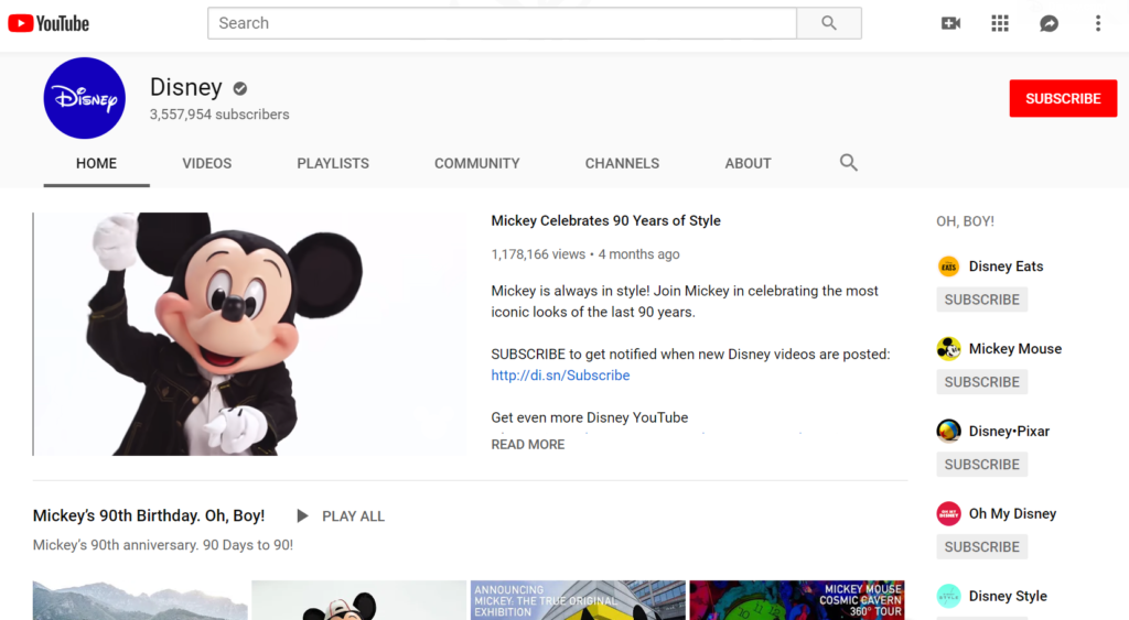 Disney's YouTube page