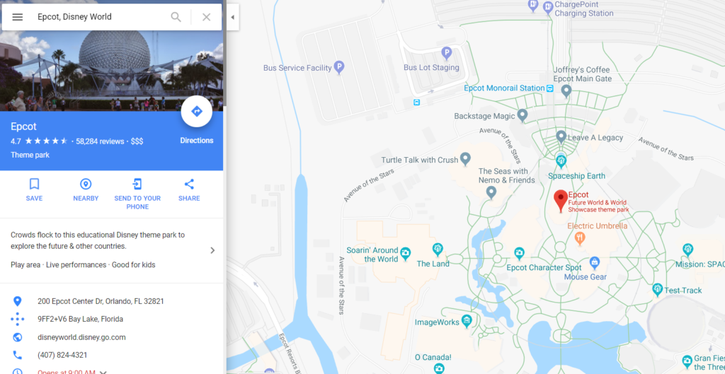 Google Maps view of Epcot