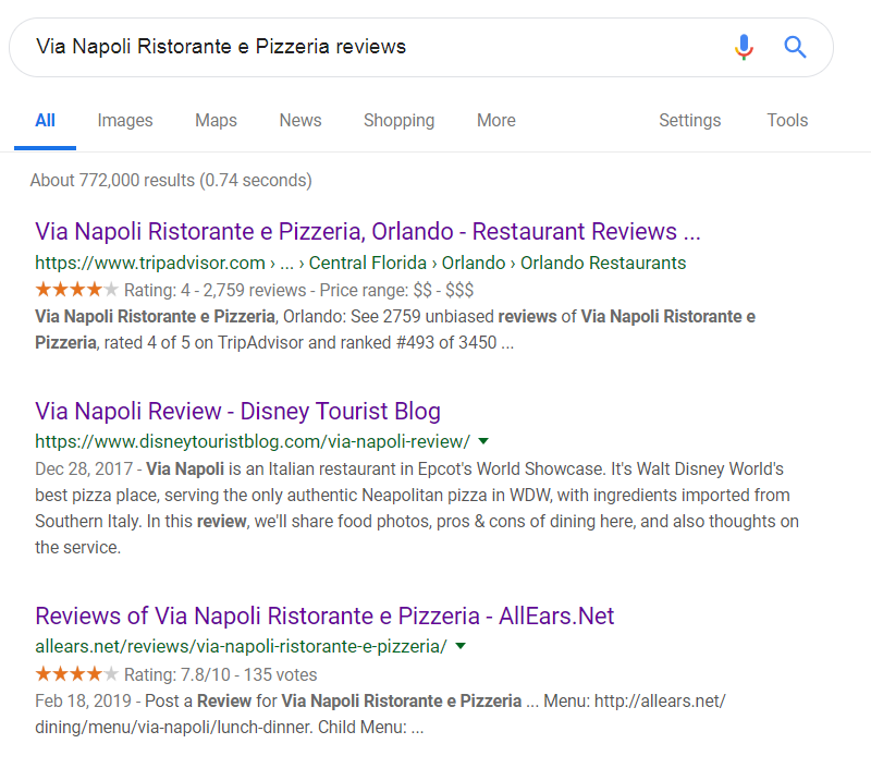 Google results for the following search: Via Napoli Ristorante e Pizzeria reviews .