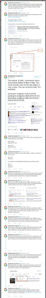 Google Twitter thread discussing the before: and after: search operators.