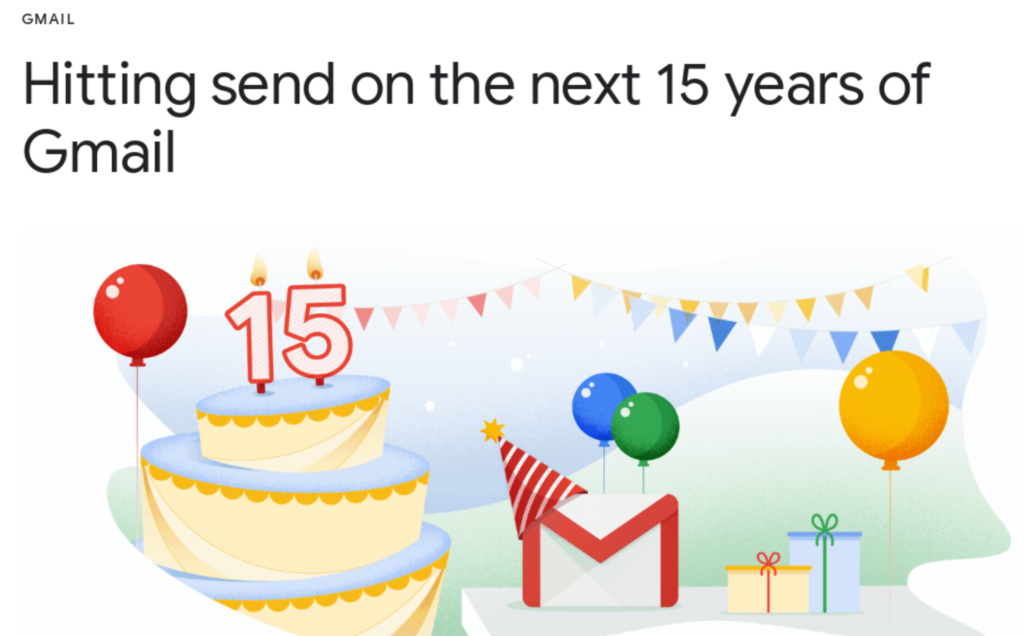 Screenshot of Google's blog celebrating 15 years of Gmail.