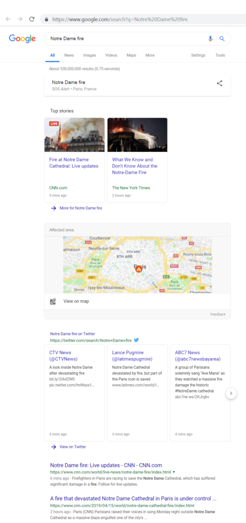 Google search for Notre Dame fire.