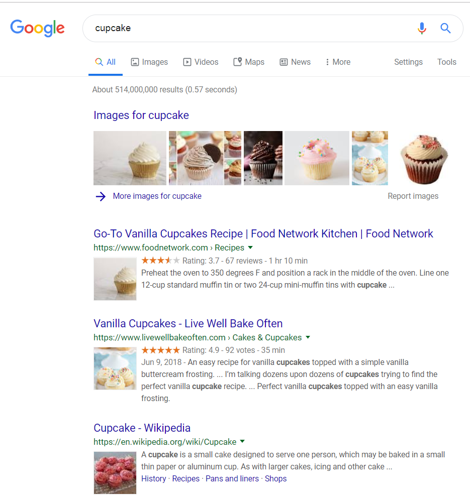 Google search for cupcake.