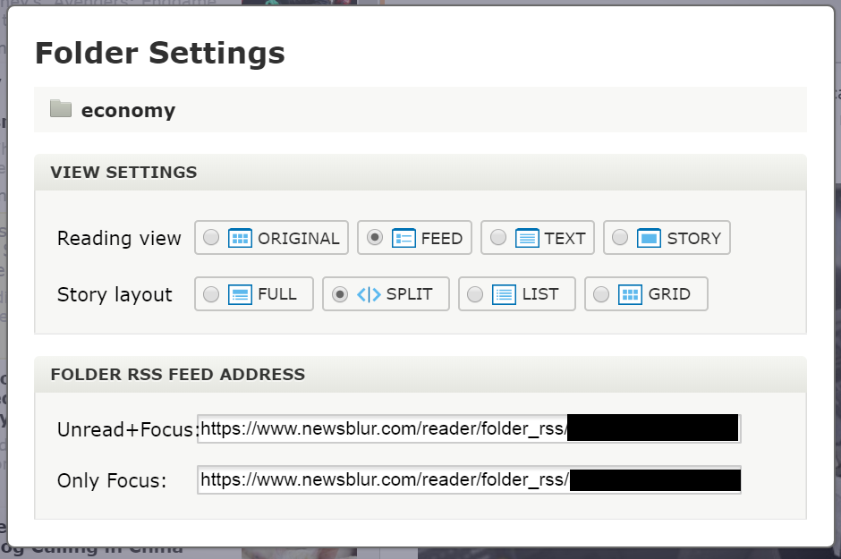 Newsblur folder settings screenshot.