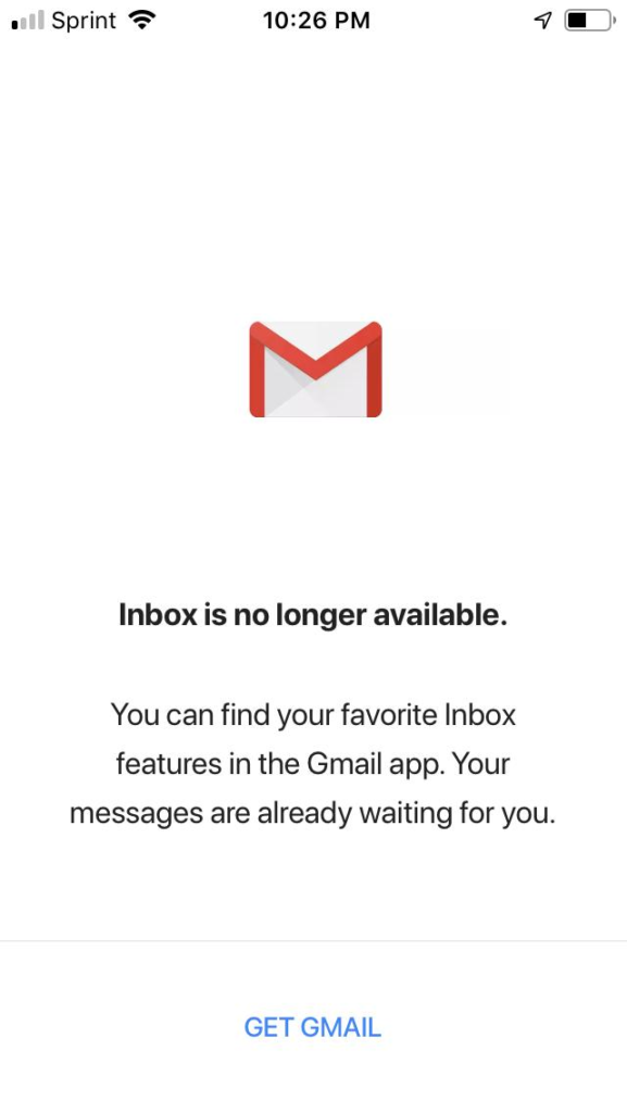 The Inbox screen after the April shutdown of the application - no longer able to use the app.