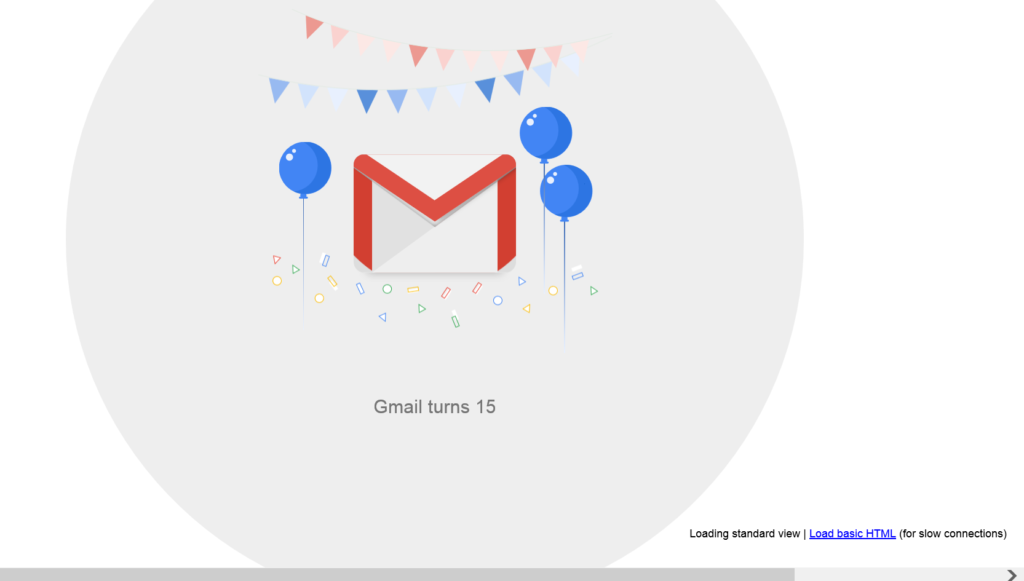 Gmail's login screen celebrating its 15th birthday.