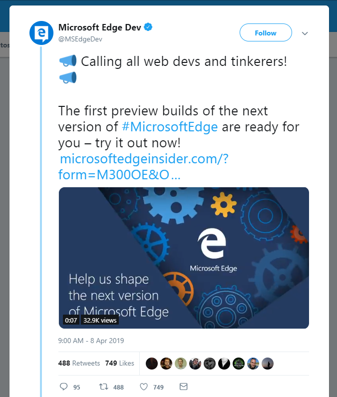 Microsoft Twitter post announcing availability of the Edge browser.