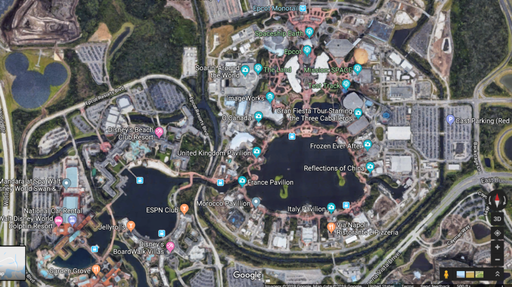 Map of Epcot, located in Disney World, Florida. Includes surroundings of Epcot.