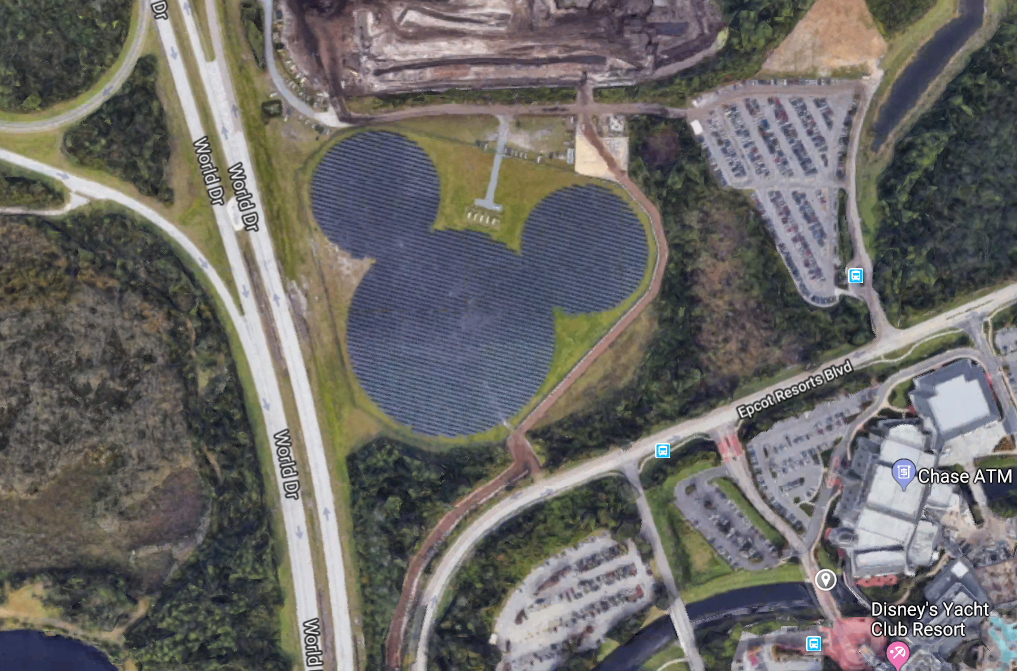 Google Maps picture of solar panels forming the head of Mickey Mouse.