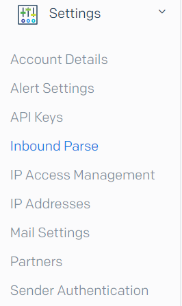 Sendgrid's settings menu holds the inbound parse option.