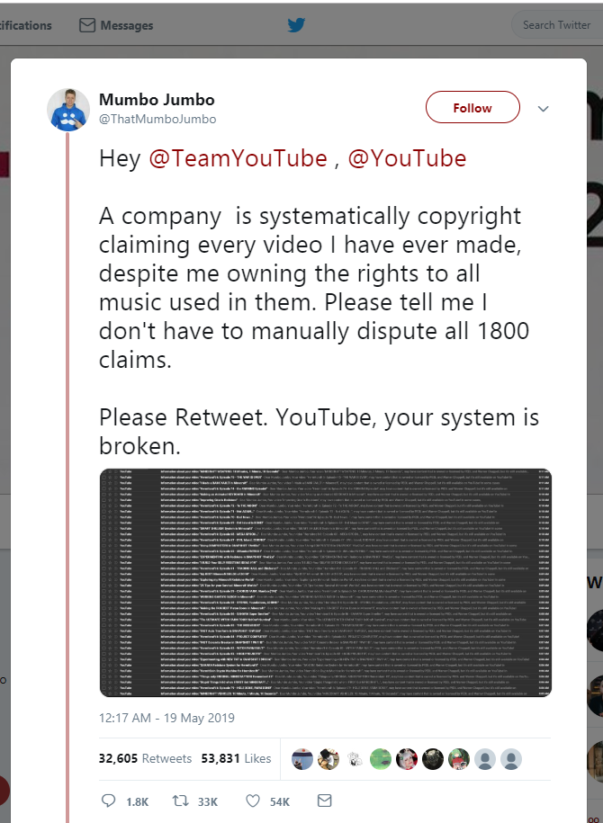 Screenshot of Mumbo Jumbo's original tweet asking for help from YouTube.