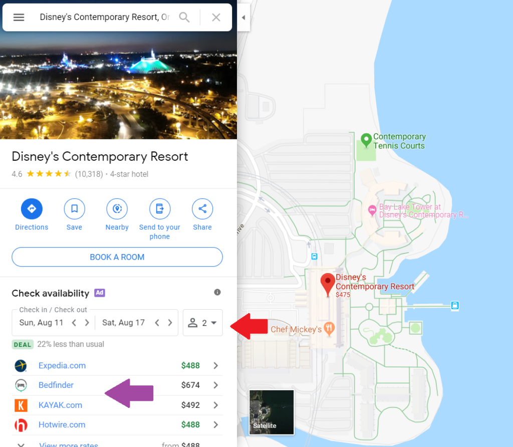 Contemporary Resort hotel availability from Google Maps.