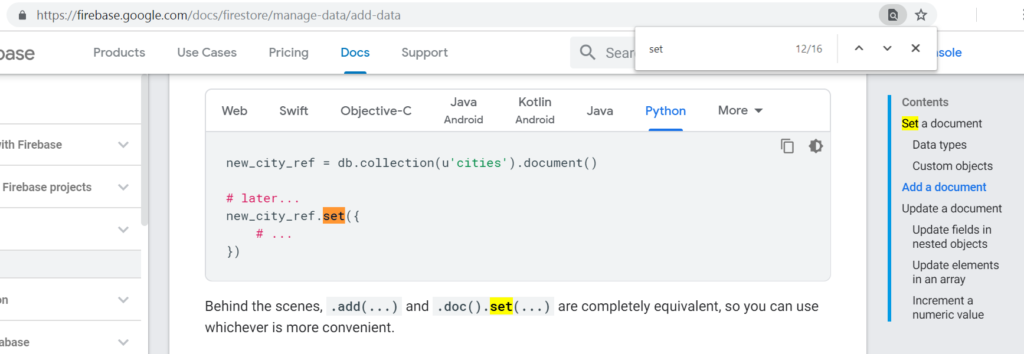 Documentation from Google showing .add and .doc.set are the same operation.