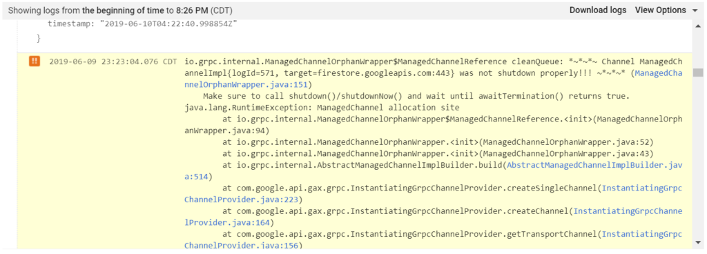 Screenshot of Firestore exception - failure to shut down in code.
