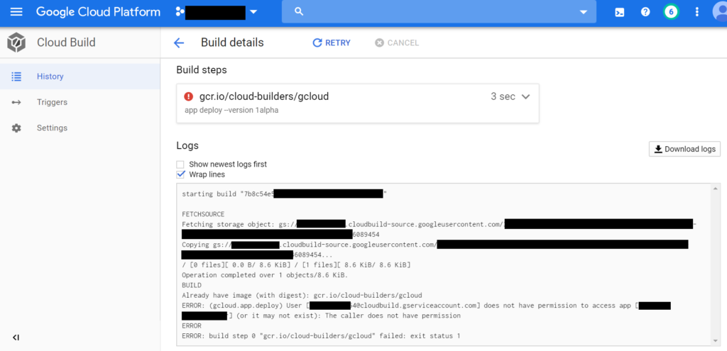 Screenshot of failed Cloud Build run. Cloud Build does not have permission to access my App Engine instance.