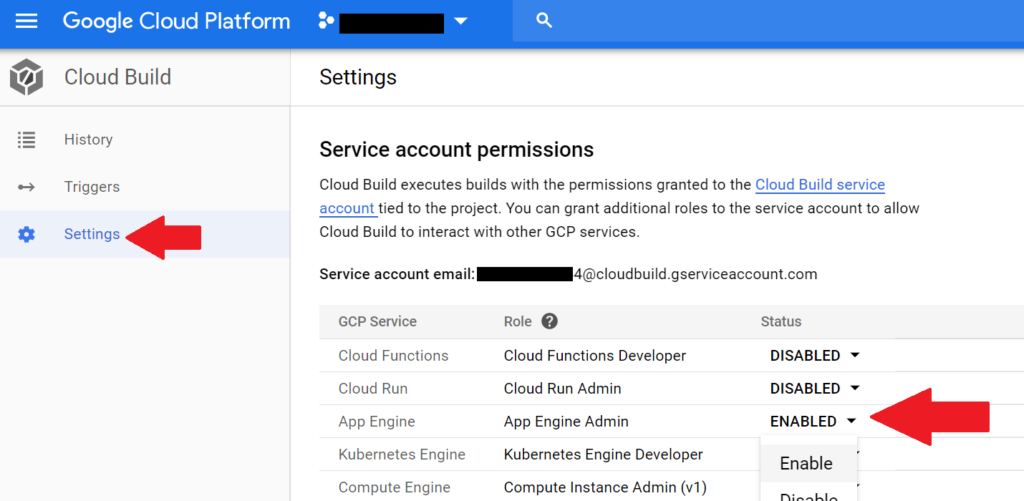 Setting up Cloud Build to connect to App Engine.