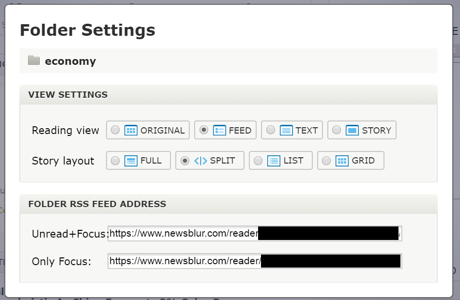 NewsBlur settings option - the folder RSS URL is at the bottom.
