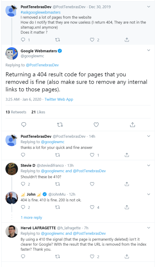 Tweet from Google Webmasters Twitter account: Return a 404 code for any pages that are removed.