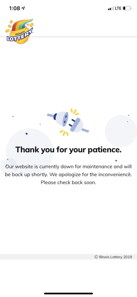 A screenshot of the Illinois Lottery iOS app, showing an error page. I quite like the image of an unplugged power cord to depict an error.