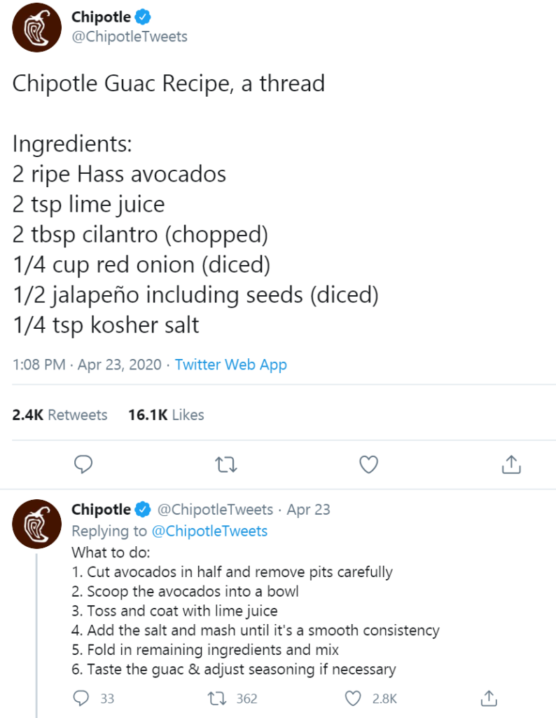 Chipotle tweet showing their recipe for guacamole.